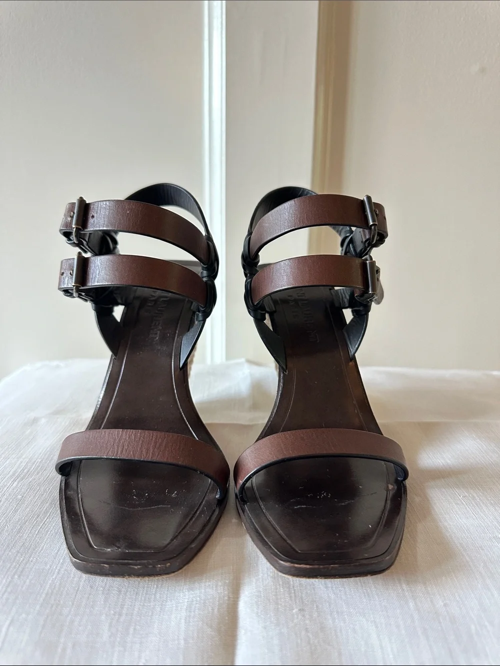 Saint Laurent Brown Leather Wedge Sandals with Espadrille Heel